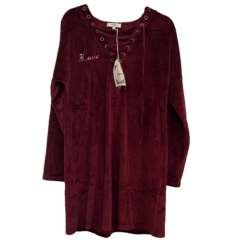 NWT‎ ENTRO BURGUNDY VELVET  LACED LOVE TUNIC TOP